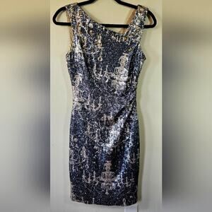 Kay Unger Cocktail Dress 6 Full Sequin Asymmetric Champagne Chandelier Ruched